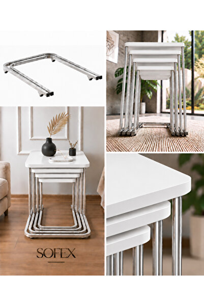 Zigon 4 LÜ TEKERLEKLİ METAL AYAK SEHPA MDF ( KROM BEYAZ )