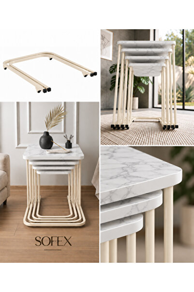 Zigon 4'LÜ TEKERLEKLİ İÇİÇE SEHPA ( KREM CARRARA )