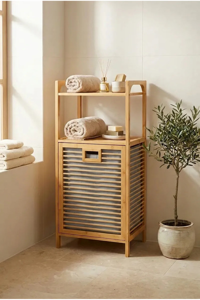 Genel Markalar AURENO Bambu Kirli Çamaşır Sepeti 2 Katlı Raflı Banyo Dolabı 9...