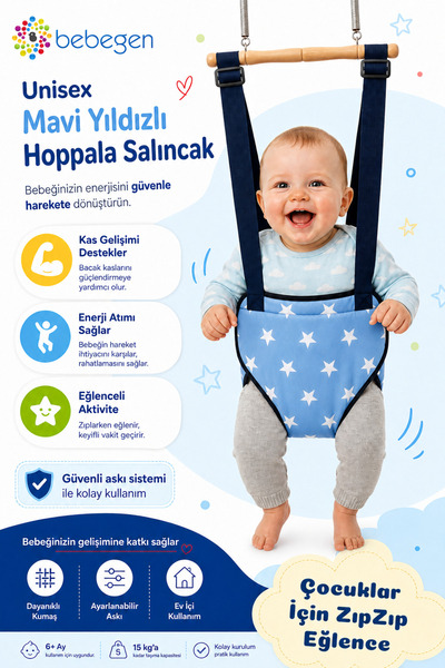 bebegen Mavi Beyaz Yıldızlı Bebek Salıncağı Bebek Hoppala Zıp Zıp