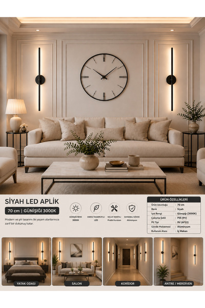 Mandaş Modern Siyah Gün Işığı 70 CM Led Duvar Aplik 1 Adet|Pilli Kablosuz Tak-Çalıştır