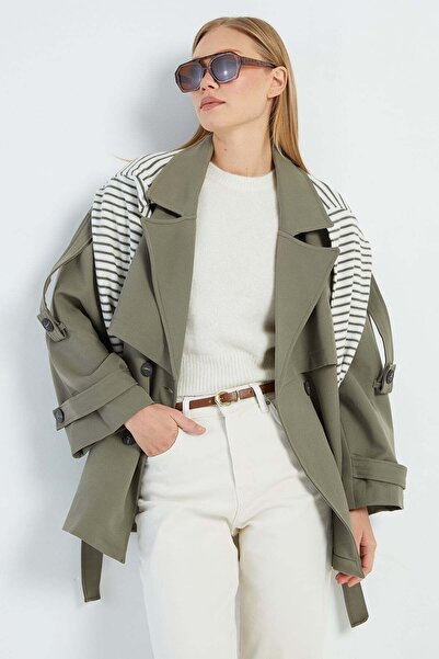Fulla Moda Beli Kemerli Kruvaze Yaka Oversize Trençkot