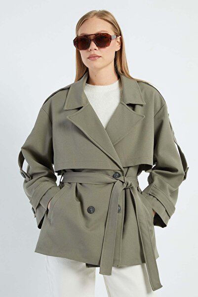 Fulla Moda Beli Kemerli Kruvaze Yaka Oversize Trençkot