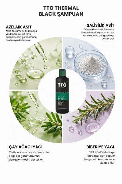 TTO Saç ve Vücut Şampuanı Arındırıcı Bakım 400 + 100 ml Salisilik ve Azelaik Asit Thermal Black