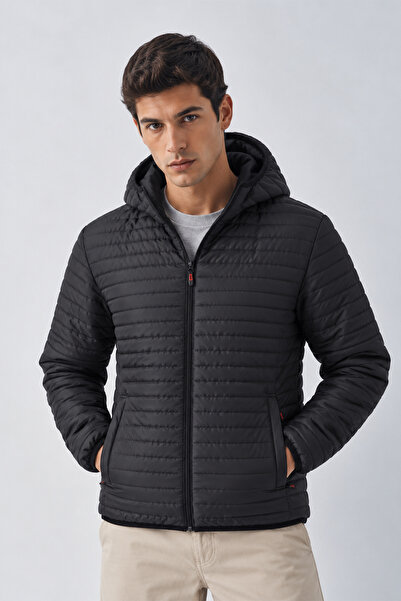 QAWWA Black Men's Lined Windproof Hooded Winter Coat
