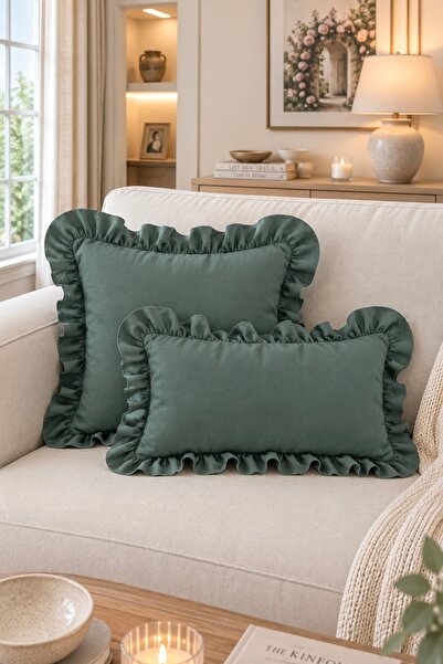 Decamor home غطاء وسادة من الساتان الأخضر المزخرف بالكشكشة من Inci Vintage، ق...