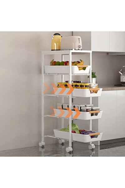 Herum Raft mobil cu 4 rafturi glisante, blat MDF, alb/maro, 23,5 x 38 x 81,5 cm