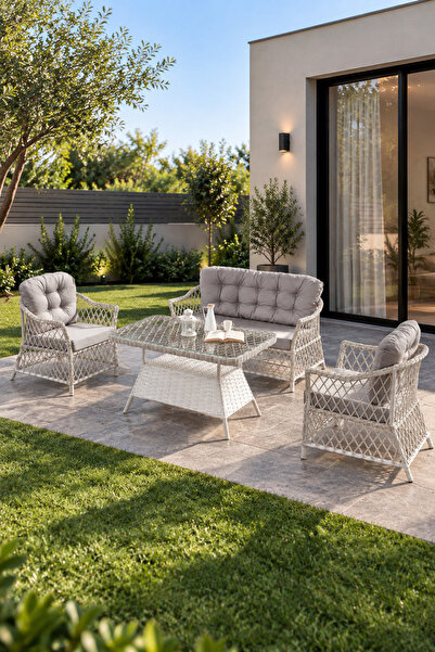 Evdemo Icon Rattan Bahçe Balkon Oturma Takımı 2+1+1+Camlı Masa Kemik Rengi