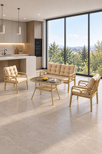 Evdemo Rio Rattan Bahçe Balkon Oturma Takımı 2+1+1+Camlı Masa Cappuccino