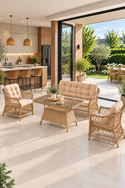 Evdemo Icon Rattan Bahçe Balkon Oturma Takımı 2+1+1+Camlı Masa Cappuccino