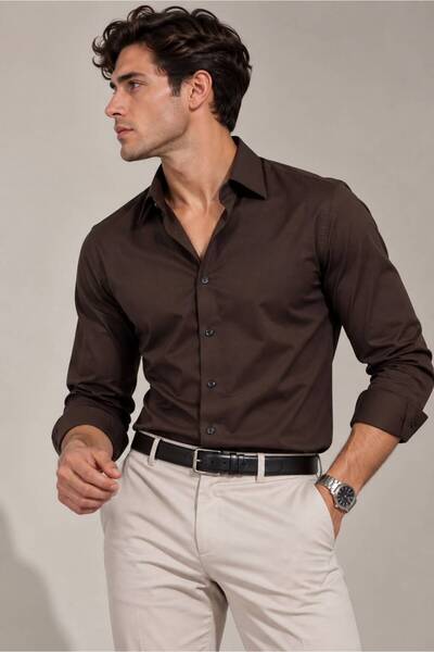 sepetx Erkek Premium Pamuk Saten Slim Fit Acı Kahve Gömlek | Modern ve Şık Ta...