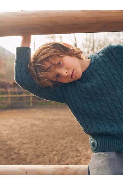 Cigit Hair Braided Sweater 1-8 Years Petrol