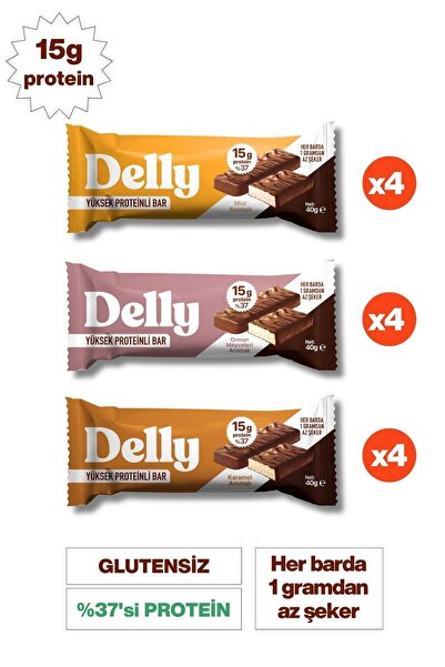 Delly Çikolata Kaplı Yüksek Protein Bar Deneme Paketi 40g x 12 Adet (Karamel,...