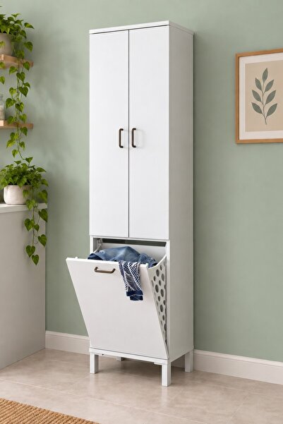 Rani Mobilya Rani KC119 Banyo Dolabı Düşer Kapaklı Raflı Çamaşır Sepeti Bölme...