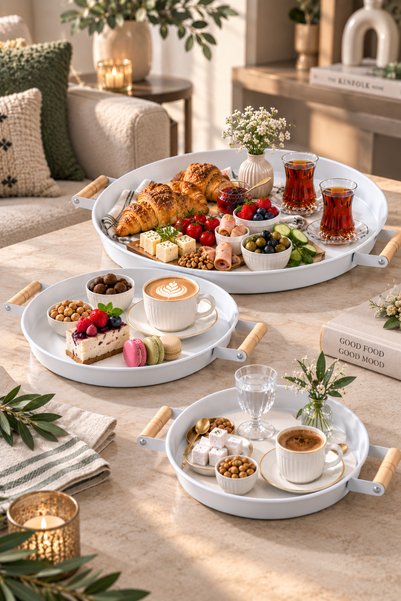 kitchen trend Beyaz Metal Tepsi Seti 3'lü Yuvarlak Ahşap Kulplu Servis Sunum Tepsisi Dekoratif 45-37-30 cm