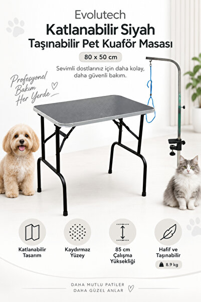 Pet Grooming Katlanabilir Siyah Taşınabilir Pet Kuaför Masası (80 cm x 50 cm)