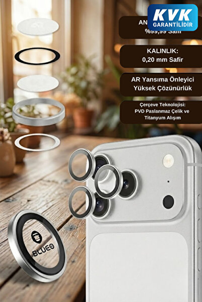 BLUEO Sapphire iPhone 17 Pro/ 17 Pro Max Uyumlu 9 MOhs %99.99 Safir Silver Ti...