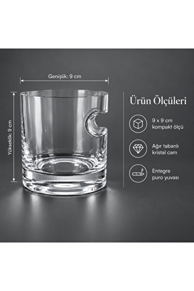 Coverzone Puro Yuvalı Viski Bardağı, Entegre Puro Tutuculu Ağır Tabanlı Kristal Cam Bardak, 9 x 9 cm, Ergonomik ve Şık Özel Tasarım, BRDK01