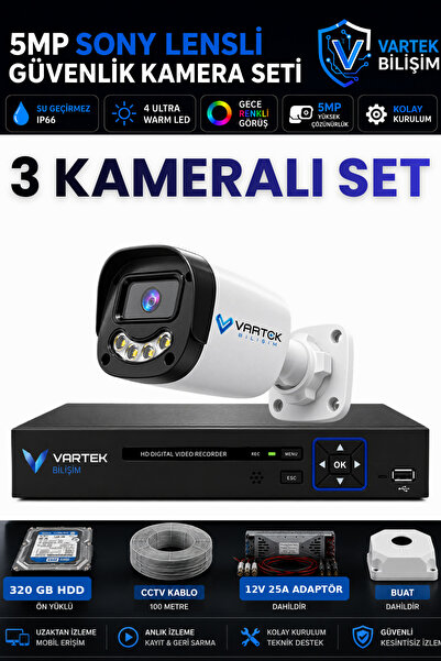 3 Kameralı Full HD Güvenlik Kamera Seti 320 GB HDD 5MP Gece (Renkli) Görüşlü - Sabit IP Gerektirmez