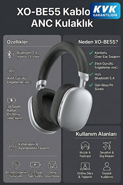 Xo BE55 Katlanabilir ve Döndürülebilir Kafa Bandı Gürültü Engelleme Özellikli...