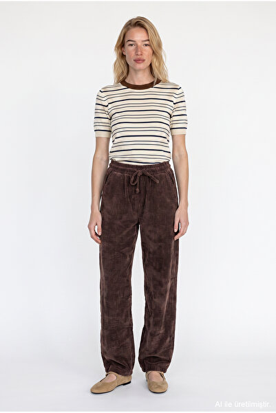Quzu Elastic Waist Velvet Wide Leg Trousers Brown
