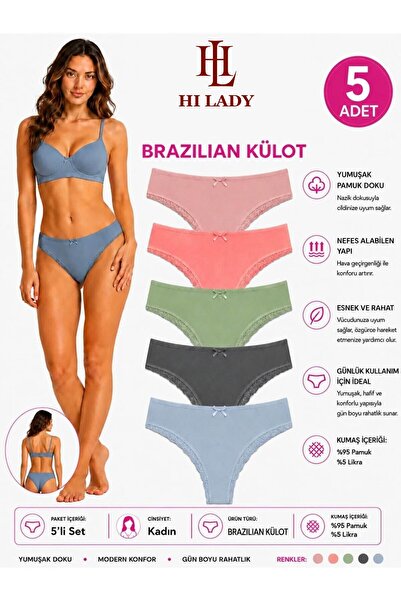 Hilady Kadın Brezilya Külot 5'li Paket, Yumuşak Pamuklu Kumaş, Koyu Soft Külot