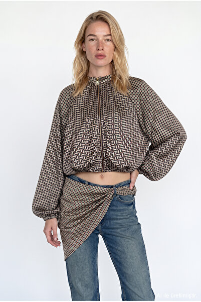 Quzu Jachetă scurtă cu mâneci tip balon și model geometric, maro