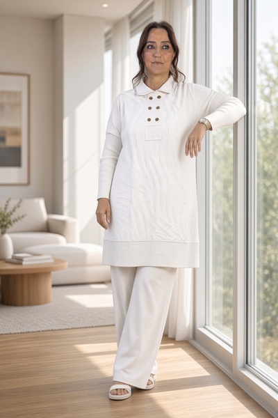 yagmurberen Gold Button Detail Polo Neck Tunic Elastic Waist Pants Plus Size ...