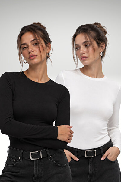 Bipantolon Body de damă, 2 piese, negru și alb, cu decolteu tip crewneck
