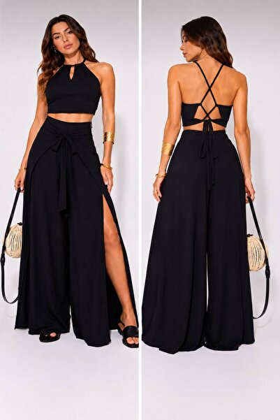 MERİDE Crop Bluz Sırtı Bağlamalı ve Bol Paça Pantolon Takım Aerobin Kumaş 62373