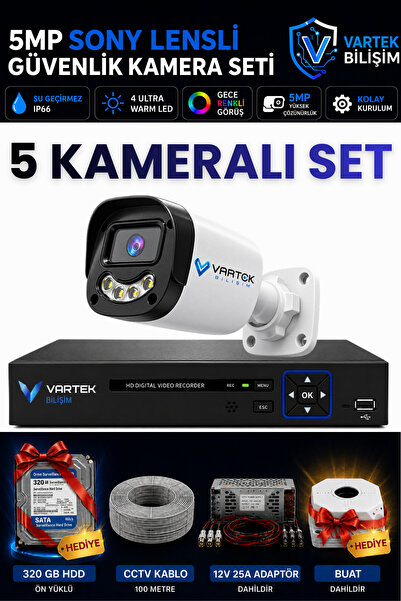 5 Kameralı Full HD Güvenlik Kamera Seti 320 GB HDD HEDİYE 5MP Gece (Renkli) Görüşlü - Sabit IP Gerektirmez
