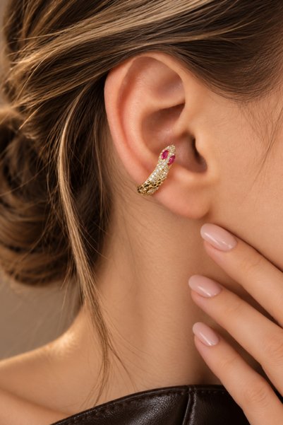 Argentum Concept Altın Kaplamalı 925 Ayar Gümüş Fuşya Taşlı Yılan Biçimli Earcuff Kıkırdak Küpe - 12105202