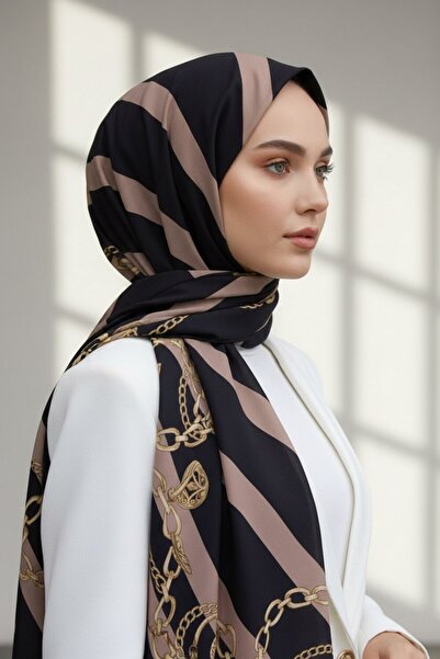 Vissona KREP ÇİZGİLİ VE ZİNCİR DESENLİ SİYAH - VİZON RENKLİ 75X195 KIRIŞMAZ ŞAL