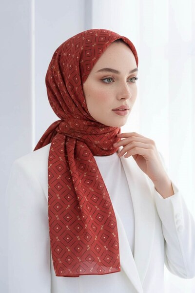 Vissona KREP GEOMETRİK DESENLİ BORDO RENKLİ 75X195 KIRIŞMAZ ŞAL