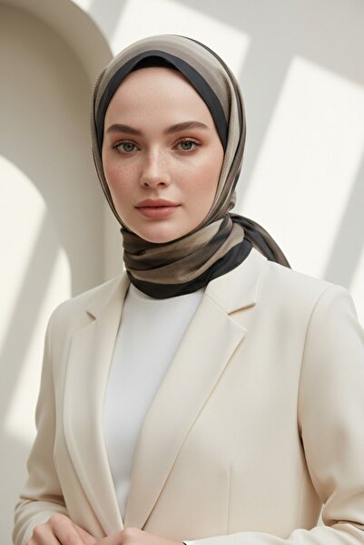 Vissona KREP SULU BOYA ÇİZGİLİ DESENLİ GRİ - BEJ RENKLİ 75X195 KIRIŞMAZ ŞAL