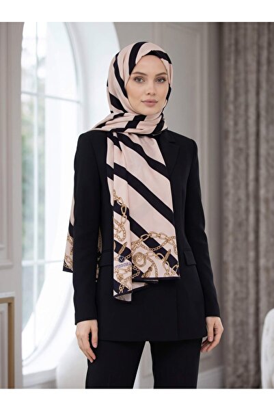 Vissona KREP ÇİZGİLİ VE ZİNCİR DESENLİ KREM - SİYAH RENKLİ 75X195 KIRIŞMAZ ŞAL
