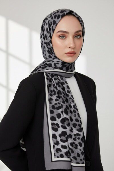 Vissona KREP LEOPAR DESENLİ GÜMÜŞ RENKLİ 75X195 KIRIŞMAZ ŞAL