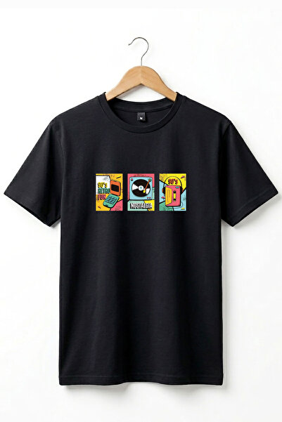 The Baski Siyah Unisex 90'lar Retro Baskılı Vintage Kısa Kollu T-shirt