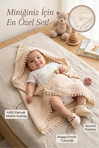 MİLAYS LİFE HOME COLLECTİON Muslin Blanket, Pacifier Holder, Booties, Boxed Set