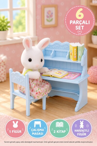 TOYFEST Sylvanian Families Kar Tavşanı Kız Maisie Figürlü Çalışma Masası Oyun...