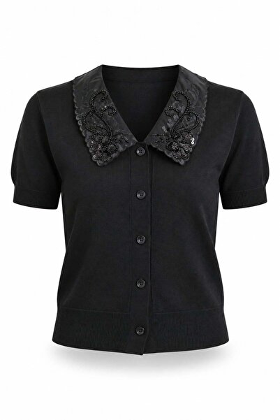 5in1Canpolat Black Sequined Short Sleeve Knitwear Cardigan 140684