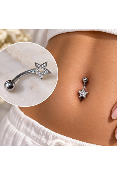 Heppii Silver Renk Yıldızlı Göbek Piercingi Çelik Minimal
