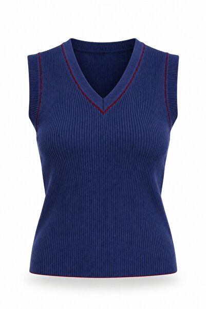 5in1Canpolat Navy Blue V-Neck Sleeveless Knitwear