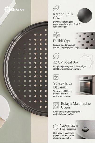 Ülgenev Stainless Carbon Steel, Perforated, Fireproof Non-Stick 32 cm Large Size Pizza and Lahmacun Tray