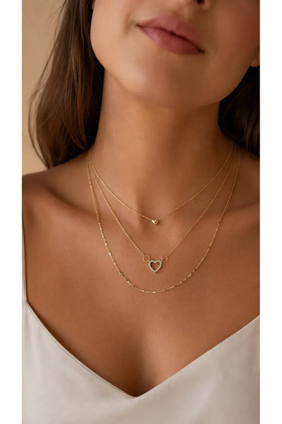 Yonida Jewelry Çelik Kolye 14K Altın Renginde Zirkon Taşlı Minimal Kalp Üçlü ...