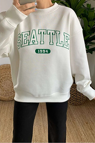 Giyyin Γυναικείο Ecru Oversize Χειμερινό Χοντρό Φούτερ Seattle Κεντημένο