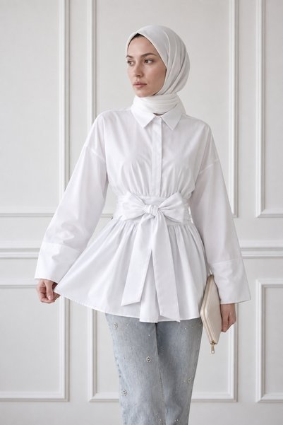 bellura Düğmeli Beli Bağlamalı Yanı Regular Düz Desen Tesettür Fermuarlı Tuni...