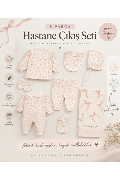 Fiyonklu ÇizgiliKutulu Bebek Yenidoğan Hastane Çıkışı Zıbın Seti