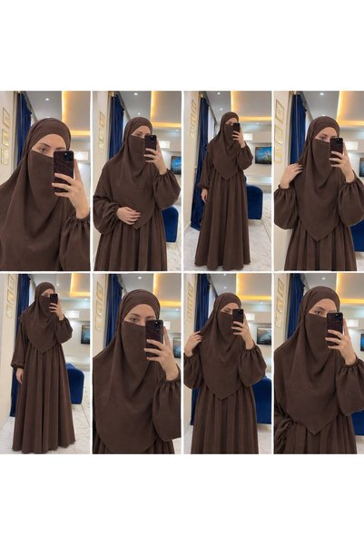 Duru Collection %100 Pamuk Başörtülü 2 Parça Namaz Elbisesi-Acı Kahve