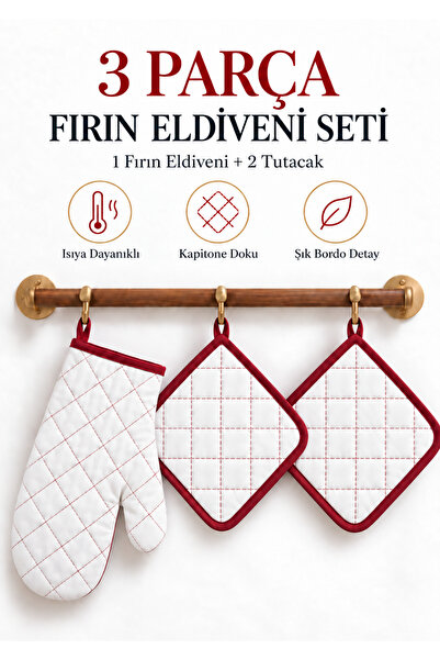 Delvos 3 Parça Fırın Eldiveni Seti Isıya Dayanıklı Eldiven Ve 2 Adet Fırın Tu...